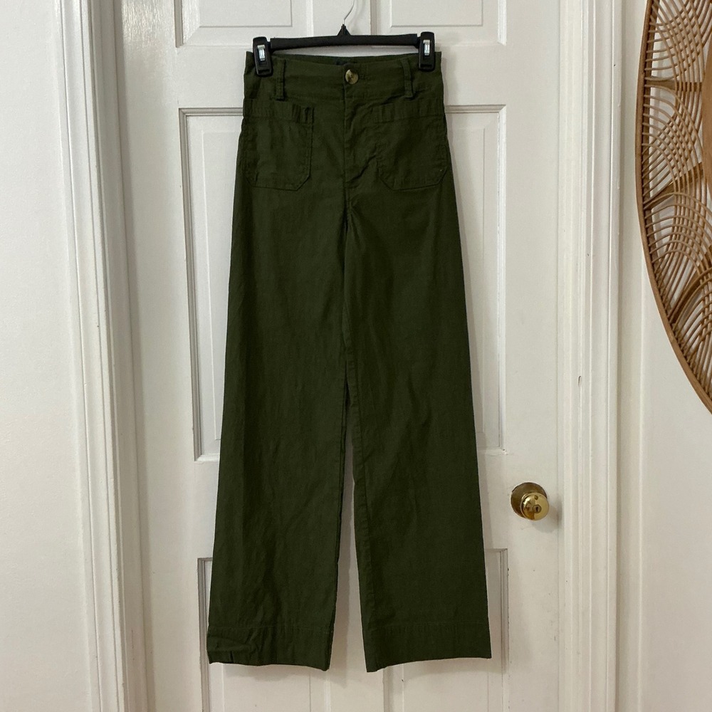 Maeve Anthropologie Colette Pants 26 Army Green Cotton Wide Leg High Rise Boho
